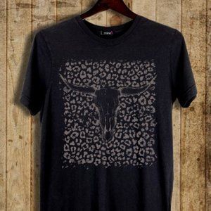 Large Leopard Print Bull Skull Graphic T-Shirt - Black